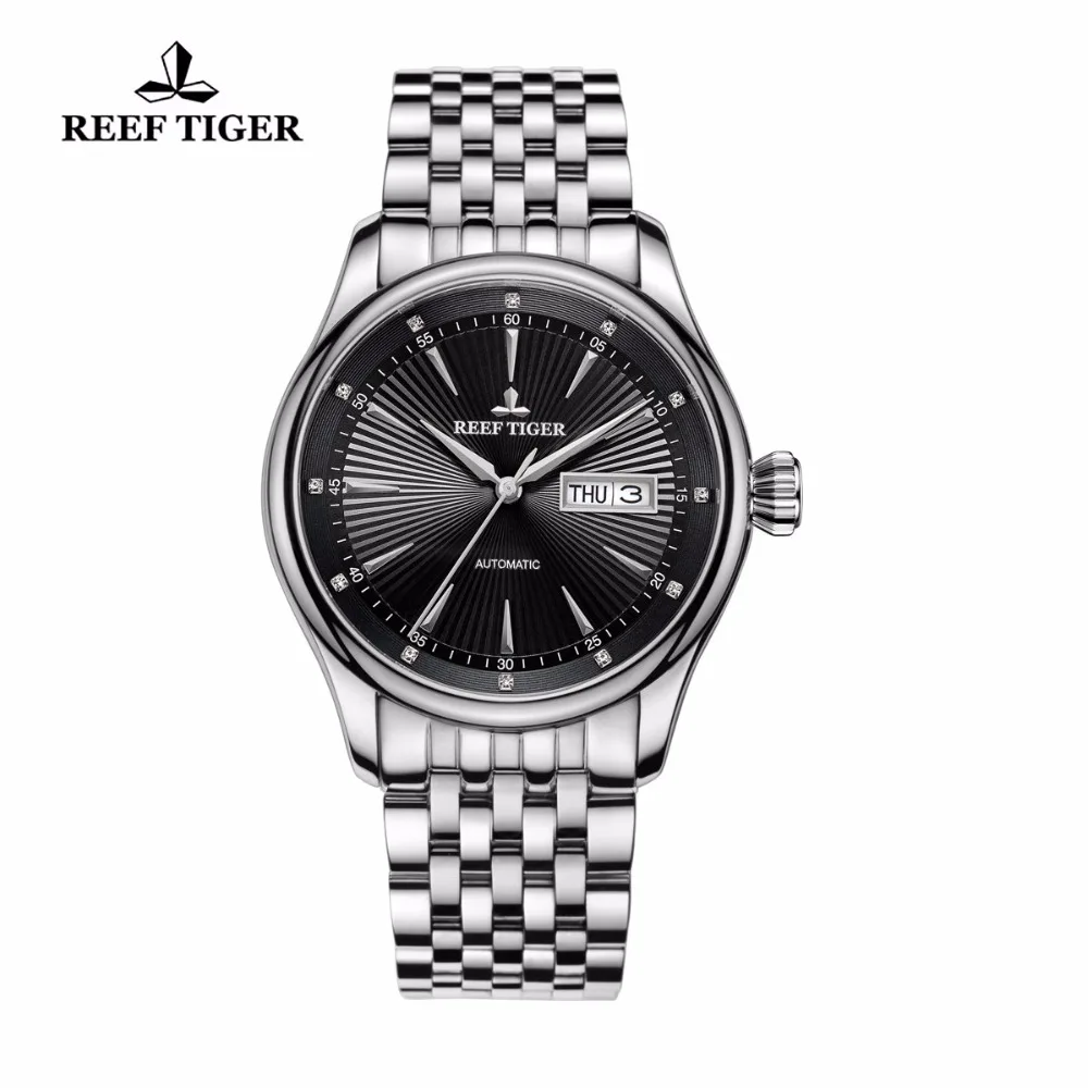  Reef Tiger/RT Dress Watch Men Analog Automatic Watches Date Day Black Dial Full Stainless Steel Wat