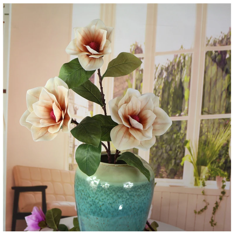 Artificial flowers 3heads latex magnolia real touch flowers home decoration fake magnolia plant party new year decor (6)