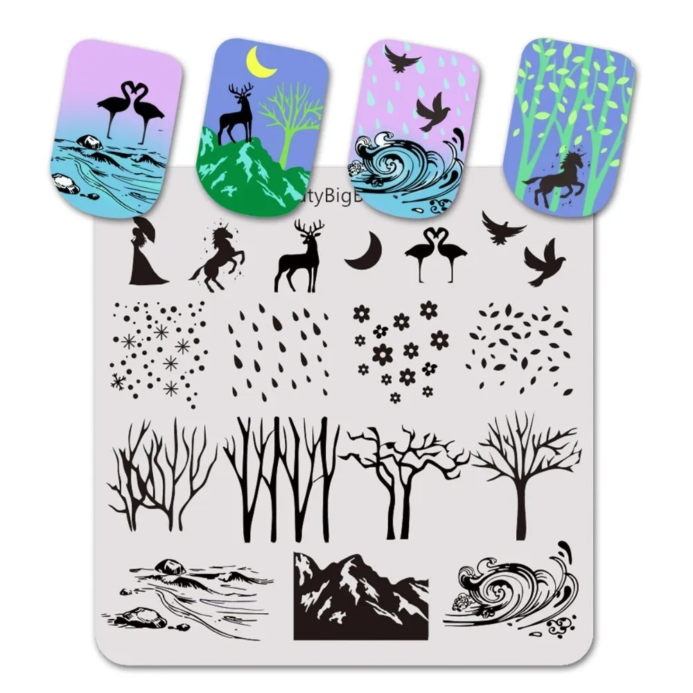 Beautybigbang Stamping Plates New Style Deer Rain Tree River Unicorn Image Template Stainless Steel Nail Art Stamp Plate Stencil