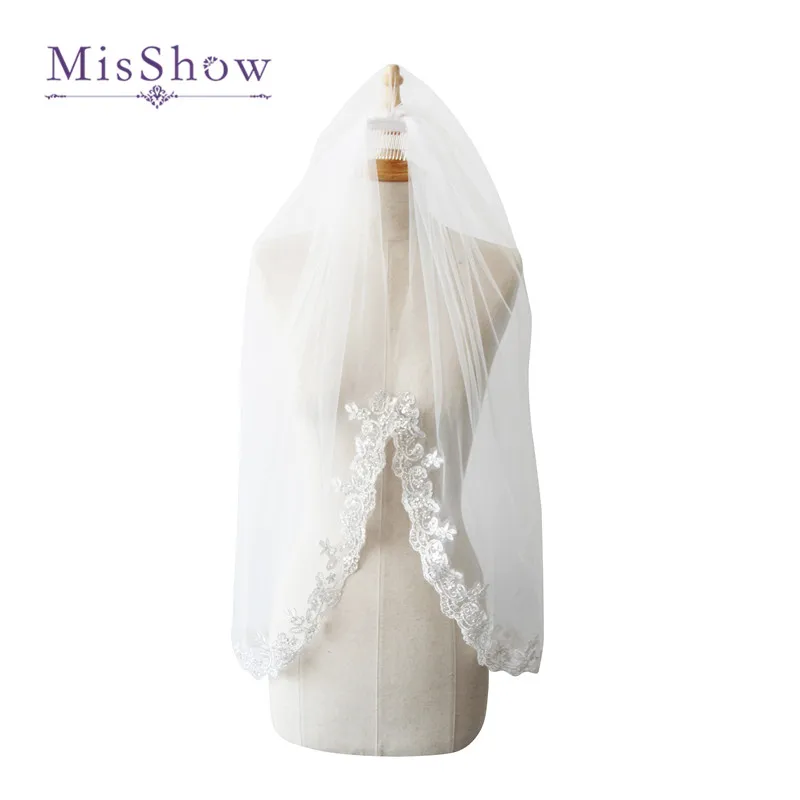 

MisShow Cheap Appliqued One Metre One Layer Lace Tulle Wedding Veil With Comb Appliques Edge Bridal Veil Wedding Accessories
