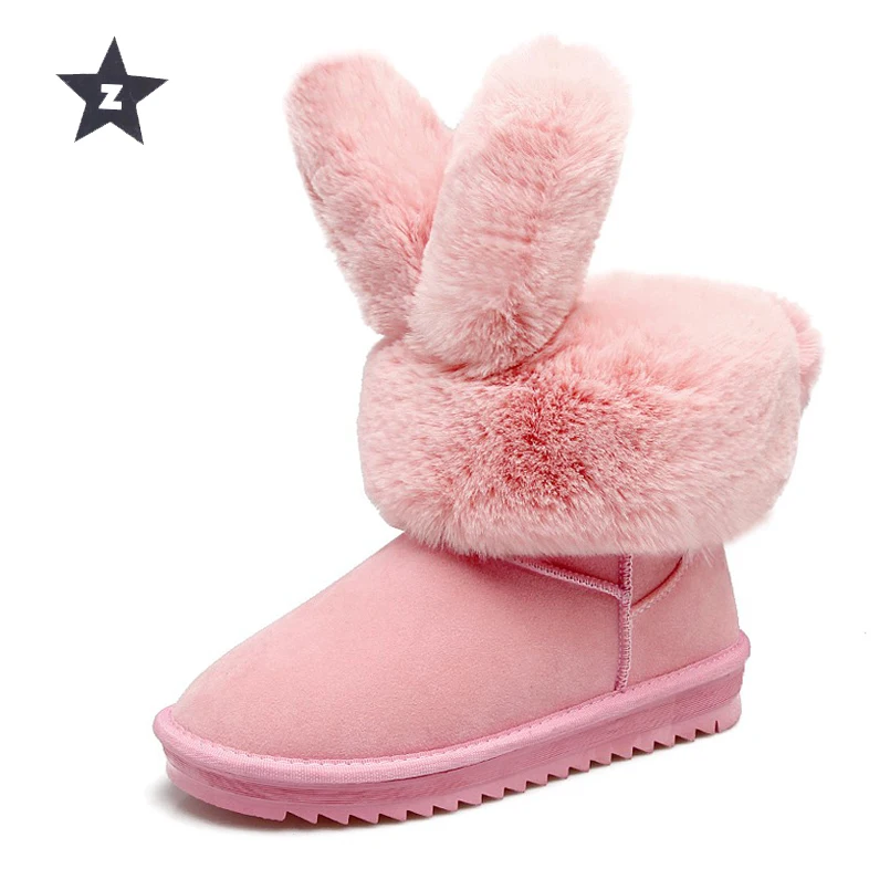 

Z mid-calf boots winter plush rabbit ears snow boots women non-slip warm cotton pink flat shoes women boots feminina size 35-40
