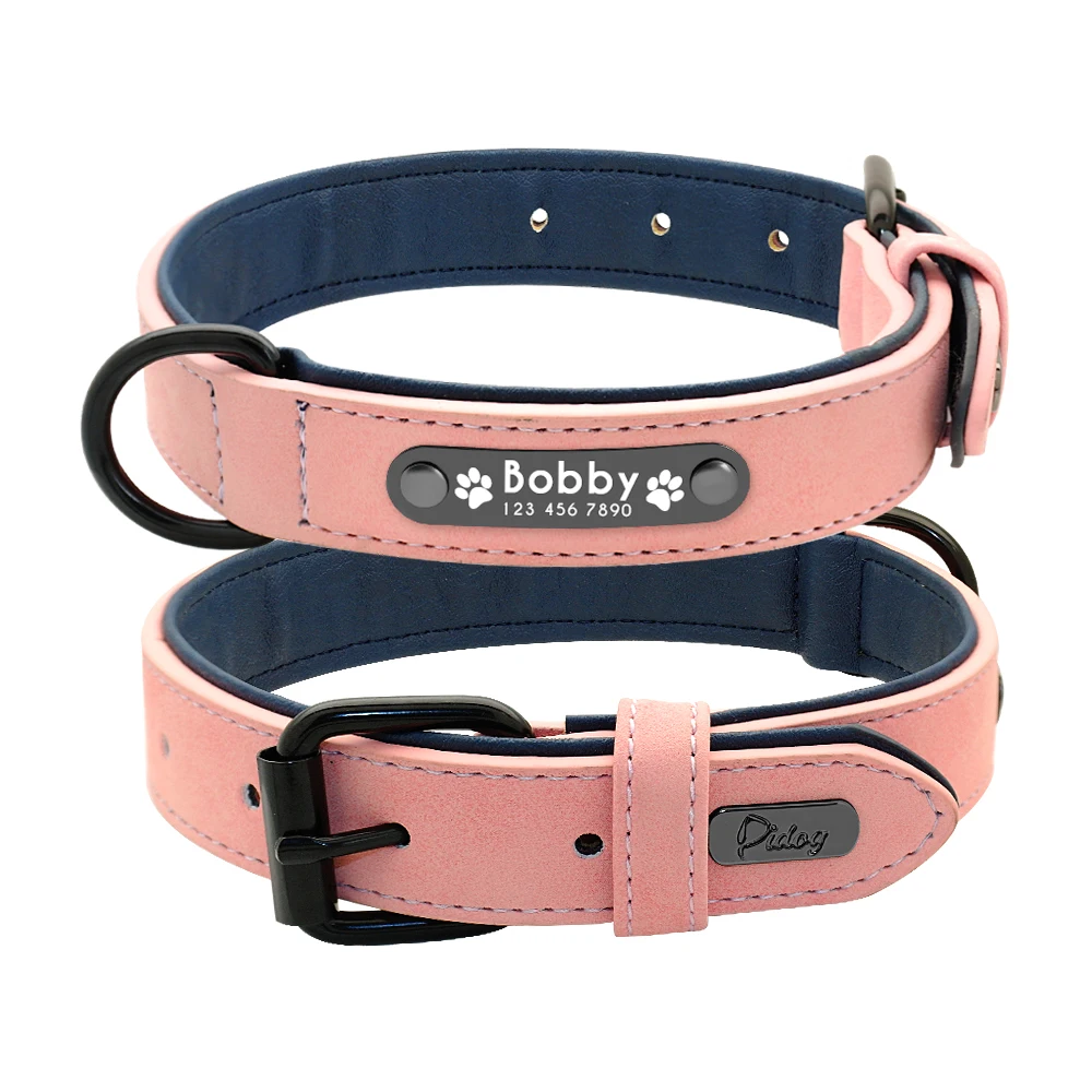 Personalized Dog Collar and Leash Leather Padded Customized Engraved Dogs Collars Lead Rope Set Bulldog Pitbull Dog Collars medium Dog Collars