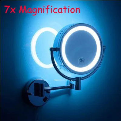 LED التجميل 7X مرآة مرآة مثبتة على الجدار مع الصمام الحمام مرآة الجمال واجهت مزدوجة قابل للسحب مرآة لوضع مساحيق التجميل قابلة للطي