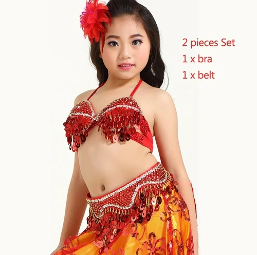 Детская профессиональная одежда для танца живота, 3 предмета, Восточный Костюм, бюстгальтер, пояс, юбка для девочек, костюм для танца живота, комплект для детей - Цвет: Red bra belt