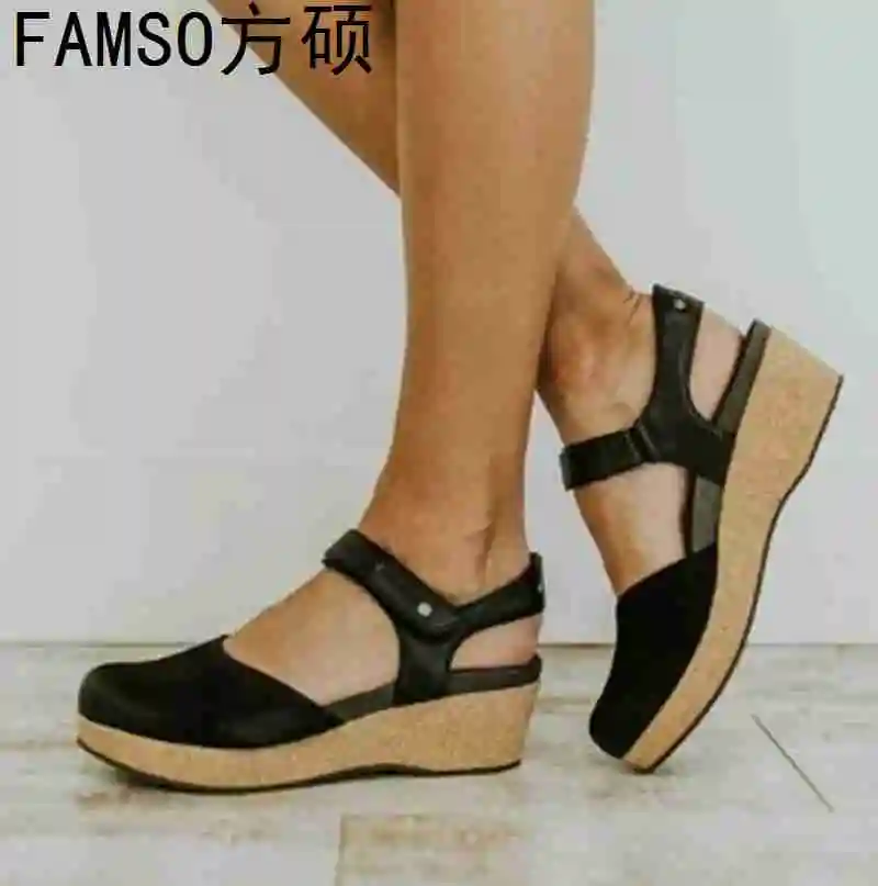

FAMSO 2019 Women Sandals Shoes Big Size 34-43 Black Retro Style Wedges Sandals Top Fashion Old Women's Platforms Sandals