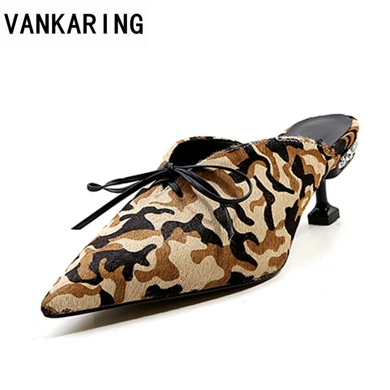 

VANKARING women shoes fashion summer middle heels leopard print slippers women pointed toe srystal shoes ladies party sandals