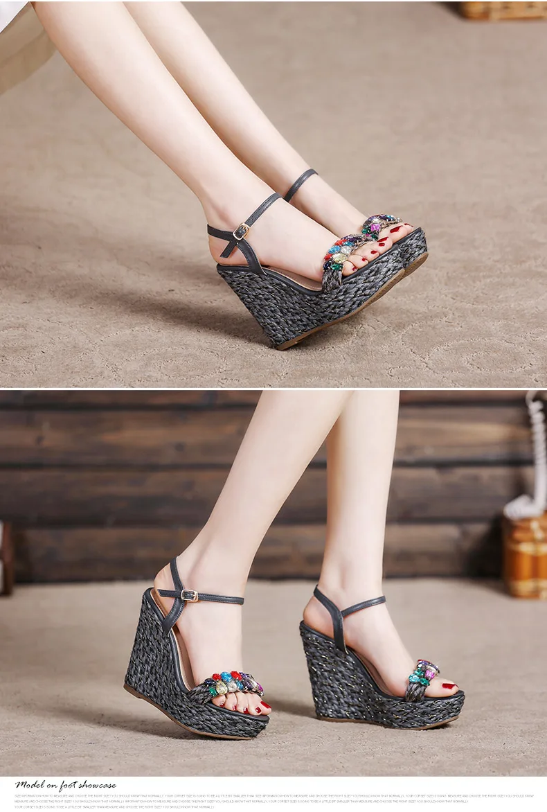 13_Summer Womens Black Buckle Sandals Fashion Elegant Silver Rhinestone Shoes Wedding Bridal High Heel Platform Wedges