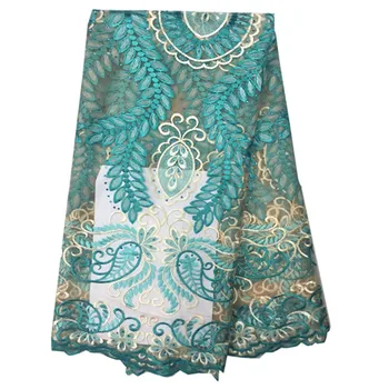

African Blue Color French Net Lace Fabric with Beads Flower Pattern Mesh Tulle Lace Fabric For Party Nigerian lace fabric OF