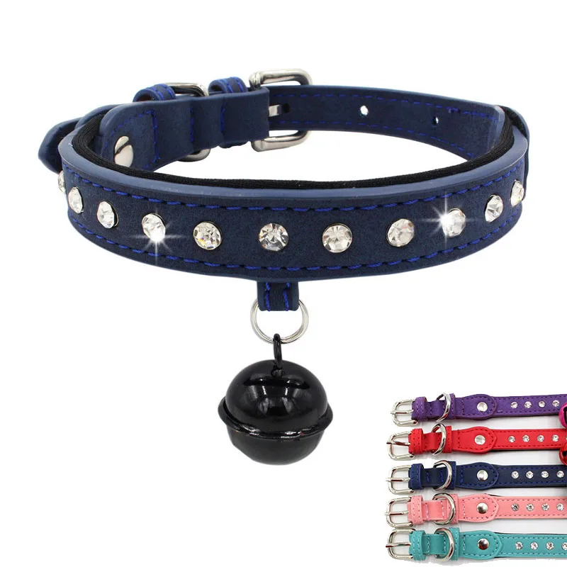 Soft Padded Cat Collar Adjustable Soft PU Leather Crystal Diamond