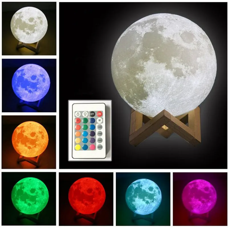 

3D Printed Moon Lamp 16-colors Dimmable 5.9 inch Remote Control Baby Night Light USB Charging Wooden Base Bedroom Birthday Decor