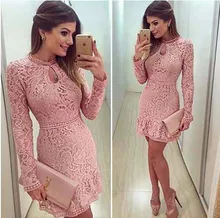 New Arrive Vestidos Women Fashion Casual Lace Dress 2017 O-Neck Sleeve Pink Evening Party Dresses Vestido de festa Brasil Trend