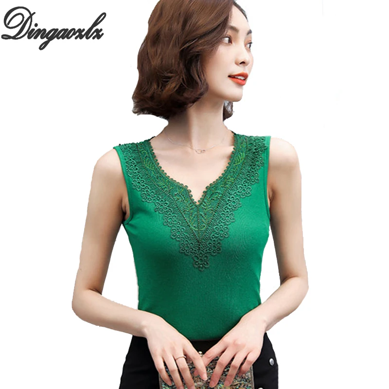 

Dingaozlz S-4XL Fashion knitted Lace Blouse Plus size Women Tops Summer Sexy V neck Casual Sleeveless shirt