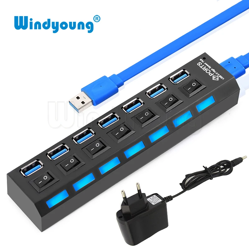 Windyoung USB Hub 3,0 высокое Скорость 7 Порты и разъёмы USB 3,0 концентратор с EUPower адаптер многопортовый usb-адаптер ВКЛ/ВЫКЛ для ноутбука MacBook