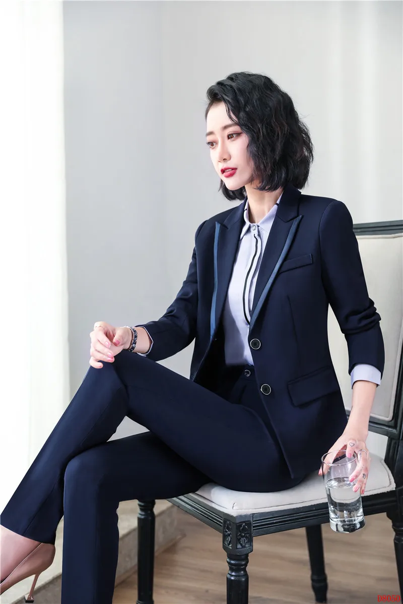 Формальные женские брюки Костюмы Блейзер и брюки наборы дамы рабочие костюмы черный офисный униформенный стиль