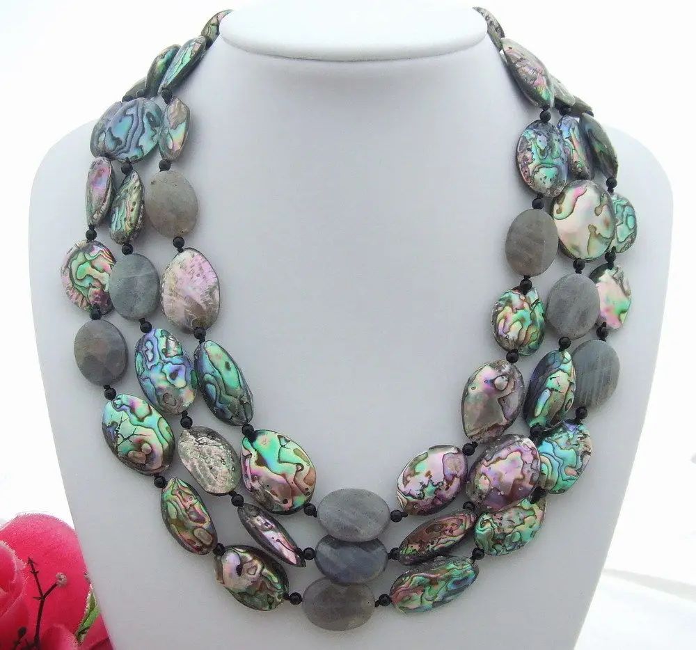 

FC051009 19" 3Strands Natural Paua Abalone Shell Labradorite Onyx Necklace