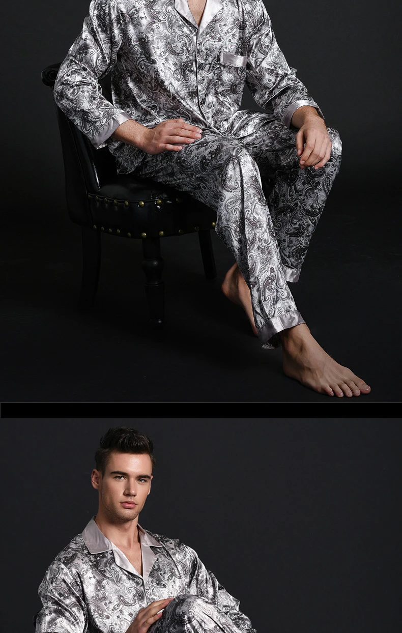 Фирменная Новинка 2 шт. китайский Для мужчин атлас шелк отложной воротник пижамные комплекты с длинным рукавом пижамы костюмы Повседневное