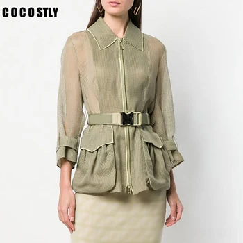

Hollow Out Green Jacket For Women Lapel Collar Long Sleeve Zipper Sashes Coat Female Fashion 2019 Autumn Jackets