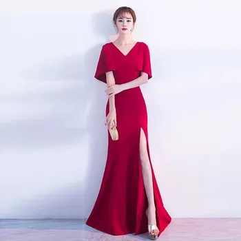 

D021 v-neck red high quality ruffles cloak sleeves floor length ladies dresses