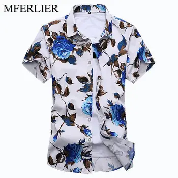 

MFERLIER Size M-7XL summer Shirts men Bust 95-138 Turn-down Collar Flower print short sleeve men Shirts 3 colors