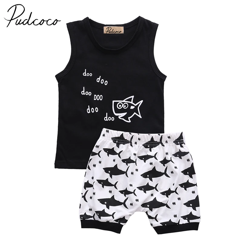Pudcoco Марка Хлопок 2 шт. для маленьких мальчиков Акула Футболка топы и шорты Летняя