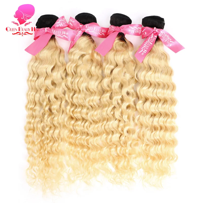 

QUEEN 1/3/4 Pcs 1B/613 Brazilian Blonde Ombre Remy Hair Bundle Curly Weave Human Hair 2 Tone Dark Roots 12- 28 inch Bundle Deals