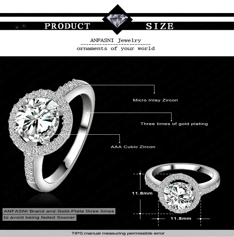 ANFASNI Women Wedding Ring Silver Color 2ct Hearts & Arrows Cut Round AAA Cubic Zircon Rings Jewelry CRI0001-B