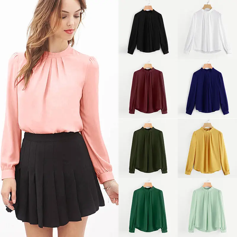 

9 Colors Long Sleeve Casual Chiffon Blouse Spring Autumn Yellow Red Female Work Wear Solid Color Office Shirts Women Tops
