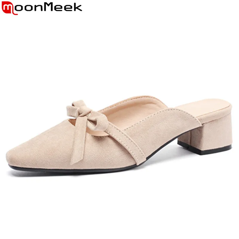 

MoonMeek big size 34-43 summer shoes shallow slingback mules shoes women square med heels shoes flock ladies prom shoes 2019