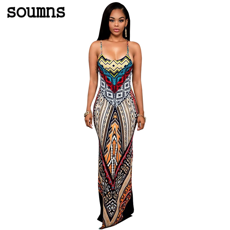 Soumns 2017 New arrival Sleeveless Open Back Two Front Splits Spaghetti Strap Slit Design Printed Maxi Summer Dress For Women