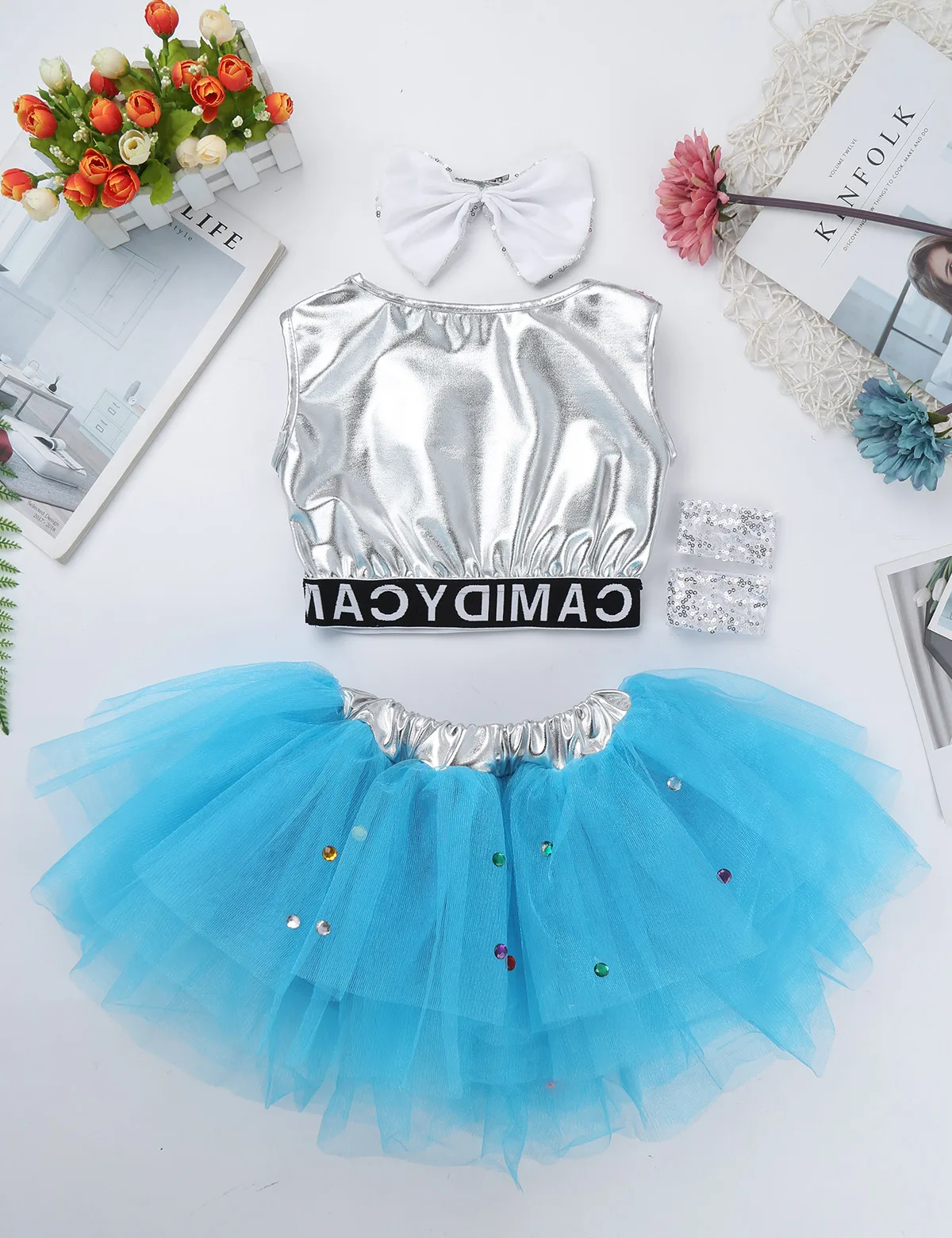 TiaoBug/Детские топы с пайетками и металлическими вставками для девочек, с сеткой, балетная юбка-пачка, комплект для детей, подростков