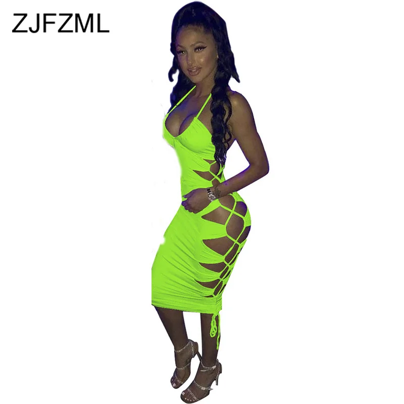 

Neon Green Side Hollow Bandage Sundress Women Sexy Spaghetti Strap Sleeveless Party Dress Summer Deep V Neck Backless Wrap Dress