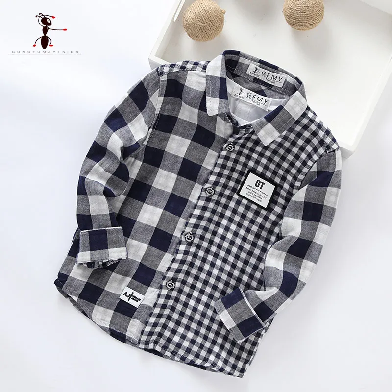 

Kung Fu Ant Plaid Casual Students School Uniforms Shirts for Boys Irregular Full Sleeve Spring Autumn Shirts 726