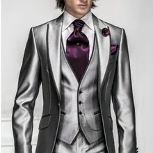 Slim Fit смокинг жениха серебристо-серый жениха заостренный лацкан Свадебные/ужин Костюмы Best Man жениха(пиджак+ штаны+ галстук+ жилет) B219
