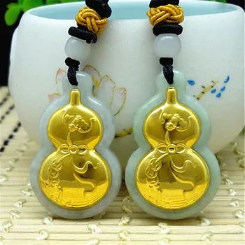 

3D gold inlaid natural jade gourd pendant e2#