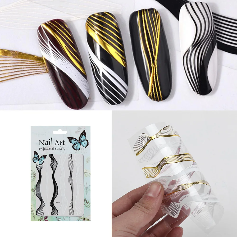 

3D Nail Art Stickers Gold Metal Wave Strip Black Silver Lines Adhesive Transfer Sticker Manicure Fashion Nail Art Decorations