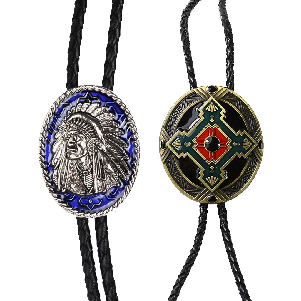 

2 Pieces Indian Chief of A Tribe and Indian Totem Western Cowboy Rodeo Bolo Tie Bola Pendant Necklace Ornaments