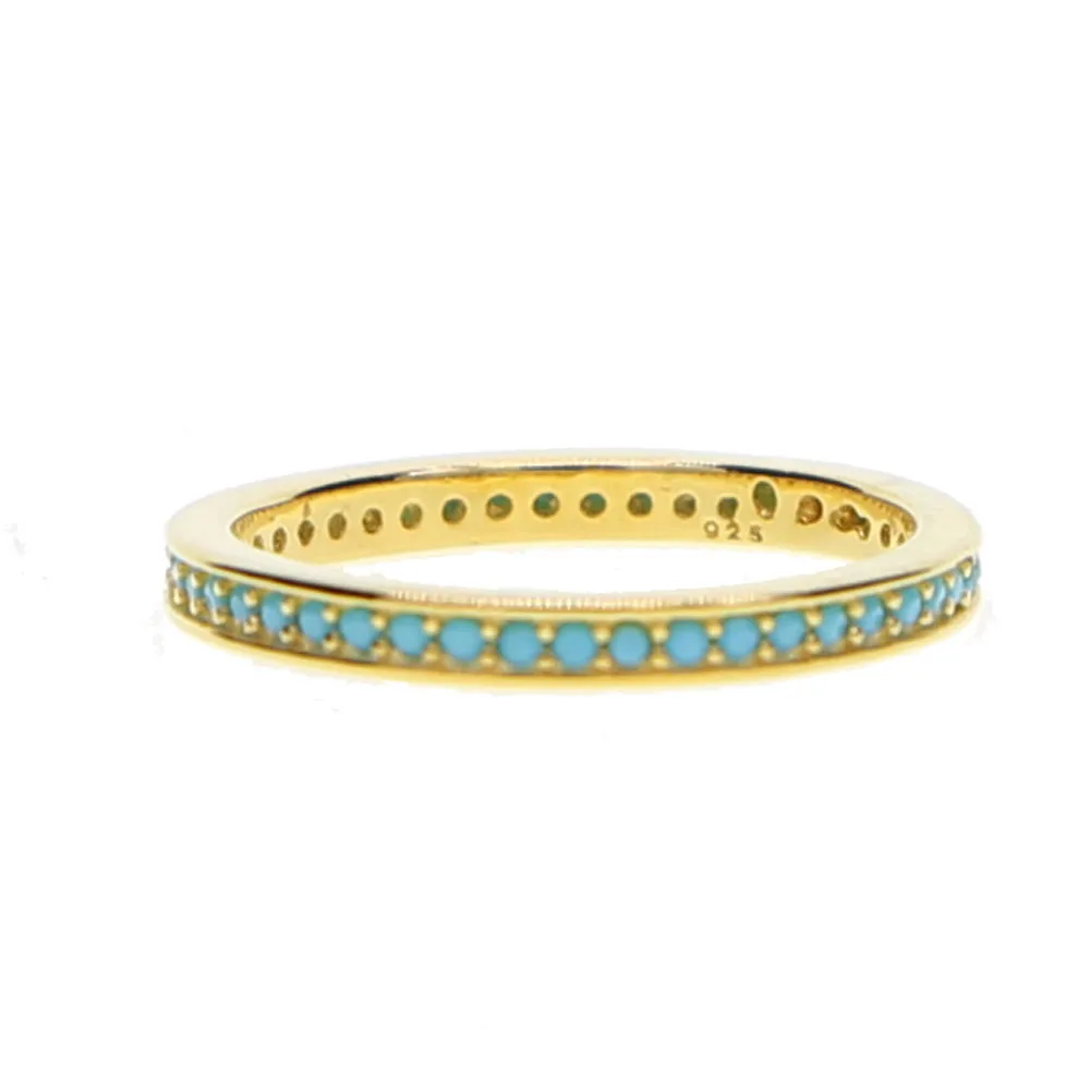 Classic Gold Color 925 Sterling Silver Ring Paved Turquoises Stone for Wedding Engagement Gifts Delicate Jewelry