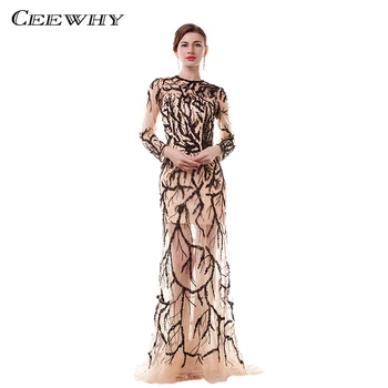 

CEEWHY Robe De Soiree Elegant Kaftan Long Mermaid Evening Dress Long Sleeve Sequined Beaded Vintage Prom Dress Vestido De Festa