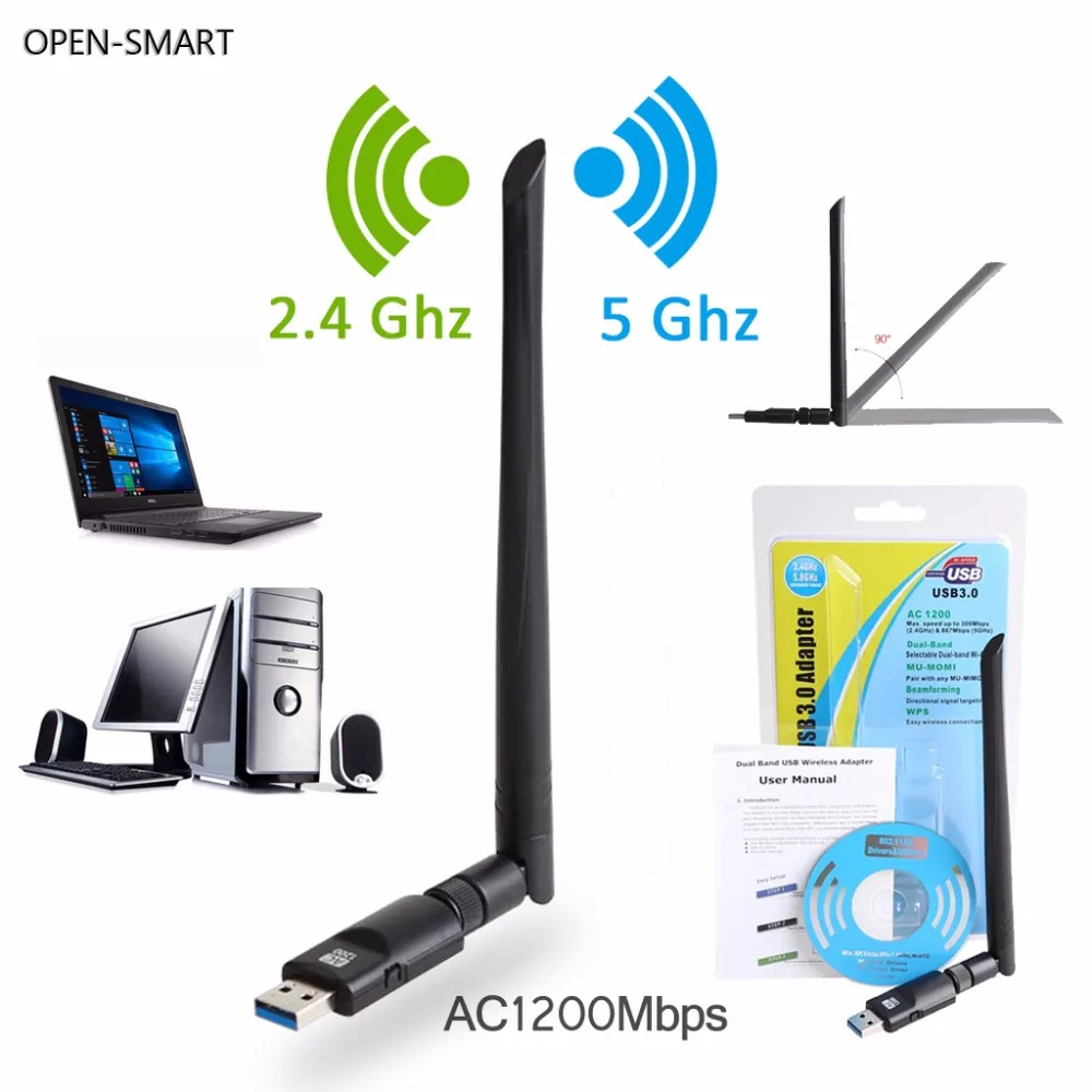 1200mbps Dual Band 802.11AC 300M USB3.0 WPS Wireless AC WiFi Adapter 5.8G 2.4G