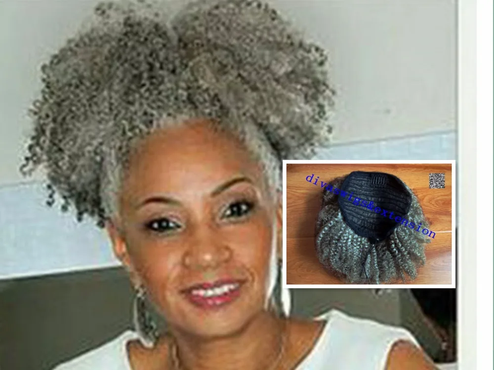 100% real hair gray puff afro ponytail hair extension clip 