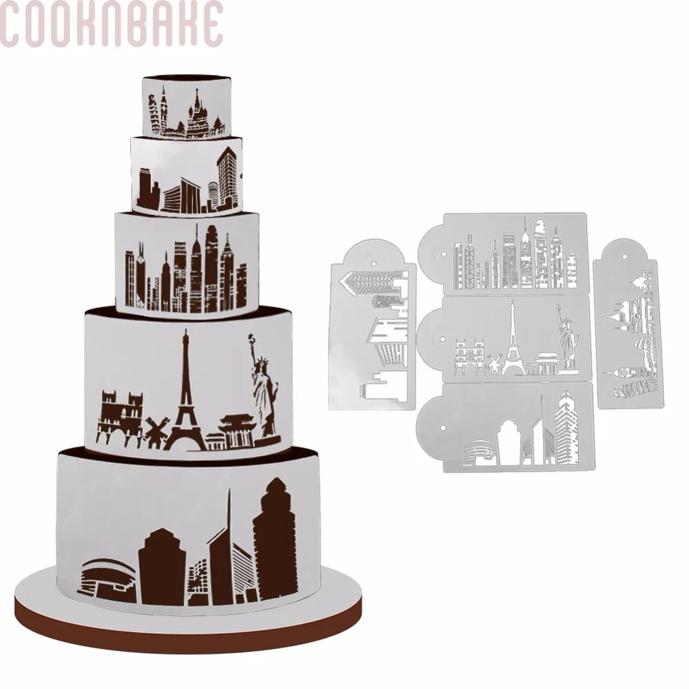 COOKNBAKE трафарет для украшения тортов набор пластиковый отпечаток коврик ориентир здание свадебный торт резная распылительная форма набор из 5
