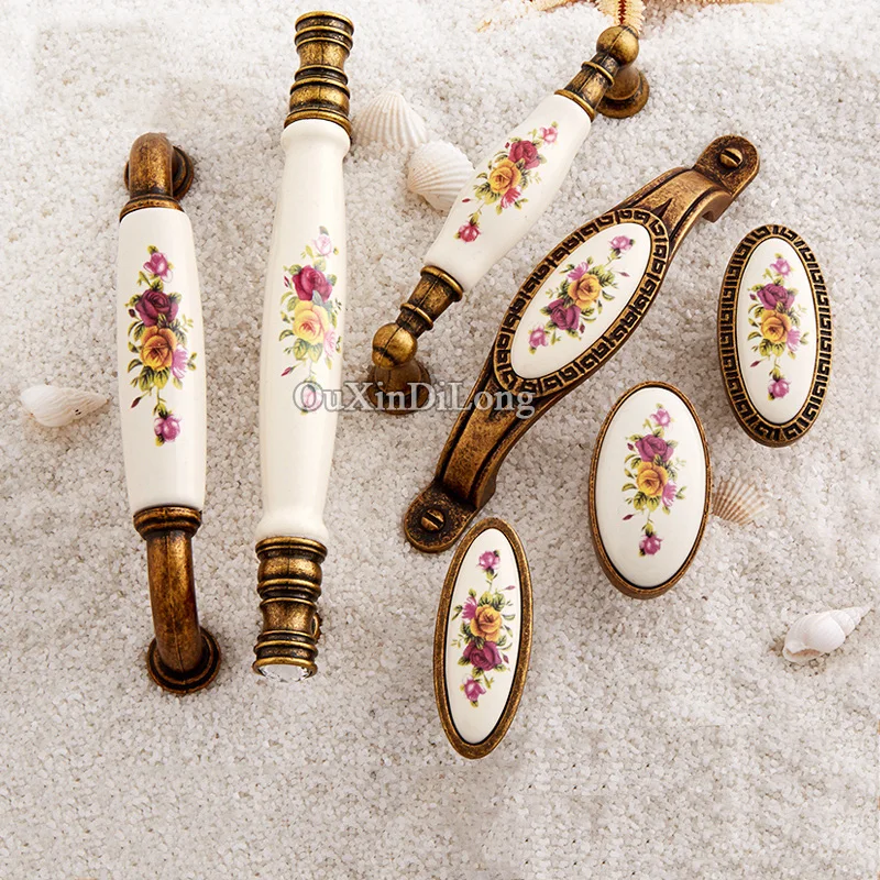 

10PCS European Antique Kitchen Door Furniture Handles Ceramic Printing Cupboard Drawer Wardrobe Cabinet Pull Handles&Knobs