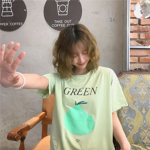 

Simple Fresh Cute Cartoon Apple Green Fashion Cotton All Match 2019 Summer Spring Short Sleeve New Arrival Female Women T-shirts