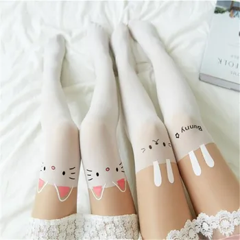 

Cartoon women stocking thin printed tights false high tube long Pantyhose summer students cute Stitching streetwear tights