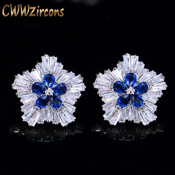 

CWWZircons Trendy White Gold Color Flower Shape Cubic Zirconia Big Summer Style Women Earrings with Blue Crystal Stones CZ330