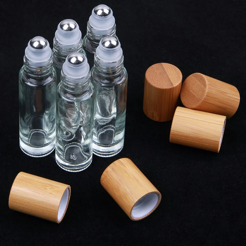 

yaye 5pcs Empty Bamboo Lid Caps Stainless Steel Roller Ball Bottles Glass for Essential Oils Liquid Portable Reusable 10ml