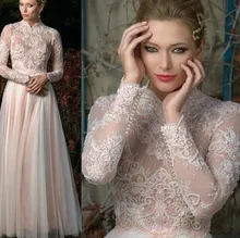 New Arrival Designer A Line Lace Applique Pearls Beading Long Sleeves Tulle High Neck Muslim Wedding Dresses Hijab