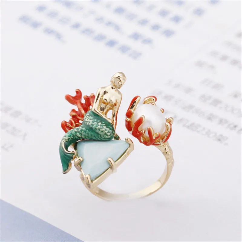 

Warmhome Trendy Jewelry Enamel Glaze Copper Fashion Mermaid Natural Pearl For Women Opening Adjustable Ring