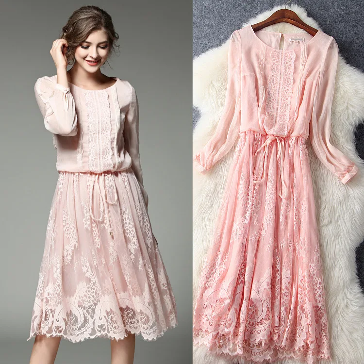 

Top quality spring and summer dress 2017 new fashion runway lace solid dress cute a-line women dress