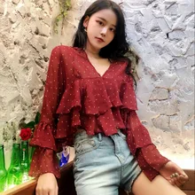 women's Ruffle Blouse Woman Long Sleeve Chiffon Blouses Fashion Wave Point Female V-neck Perspective Shirt ruffle trim tied neck blouse